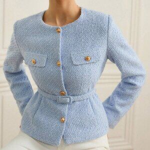 Blue Elegant Women's Cinched Waist Tweed Jacket